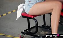 Big-Boobed Amateur Car Mechanics Strip in Garage