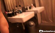 This cute babe teases in the shower with big boobs shaved and naked.