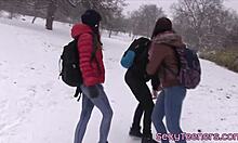 teen gets doggystyled in pussy loving threeway with facial