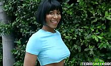 jenna foxx with brown eyes opens wet mouth for huge black cock deep in throat, choking