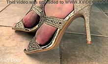 Wife shows new heels in tight upskirt outdoors.