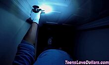 Blonde teen sucks big cock and guzzles cum