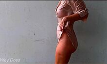 Wet Braless Wife in Pink Office Shirt Teases