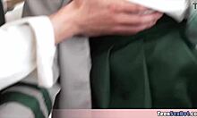 cute chubby brunette in uniform does everything for business