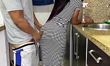 Brunette stepdaughter cleans kitchen in tight sexy dress