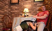 Crazy hot girl sucking dick under cafe table!