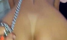 dog on leash serves master with ass