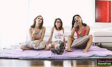 Amateur teen gets covered in jizz during group fun.