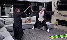 Step dads engage in doggystyle with cosplaying figures.