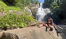 Amateur Backstage Fun with Black Teen in Waterfall