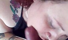 cum all over slutty girlfriend's tits, redhead sucking big cock