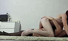 A couple fucks on the carpet while the babe strokes the holes and fucks the ass in hot poses