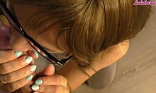 Passionate girl with glasses gently sucks huge cock, neighbor blowjob on monster cock.