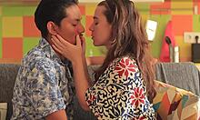 Amateur Couple Kisses Sensually on Sofa. Interracial Sex Ensues.