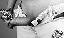 Retro close-up shows big cock orgasm without hands.