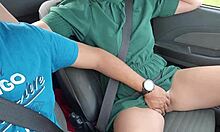 Random thing blew into the car while fingering her shaved pussy driving