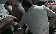 Esposa in wild gang bang while cuckold films at hotel