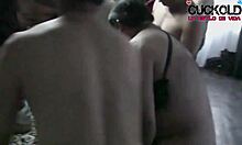 Esposa in wild gang bang while cuckold films at hotel