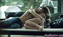 Cockriding euro babe gets her ass fucked passionately by the pool, small tits bouncing in glamour style.