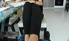 Brunette's footjob turns into intense interracial cumshot after fingering