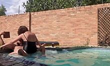 Swimming pool turns into wild outdoor banging session. Huge tits bounce with every thrust!