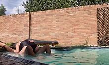 Swimming pool turns into wild outdoor banging session. Huge tits bounce with every thrust!