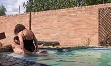 Swimming pool turns into wild outdoor banging session. Huge tits bounce with every thrust!