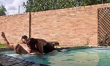 Swimming pool turns into wild outdoor banging session. Huge tits bounce with every thrust!