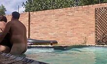 Swimming pool turns into wild outdoor banging session. Huge tits bounce with every thrust!