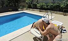 fucking her bent over outside, cum in ass