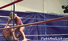 Smalltit wrestling lesbos lick pussy nicely during fight