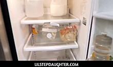 In the family kitchen, tiny Asian teen Ember Snow gets pounded by her white stepdad for cash in a raw POV tale