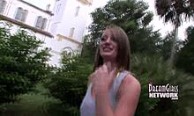 Wild teen boldly flashes her big tits inside a quiet church