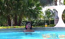 tobie teen masturbates by the pool, teasing with small tits
