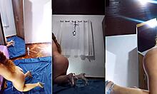 Exhibitionist strips and masturbates with dildo in doggystyle position at home