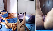 Exhibitionist strips and masturbates with dildo in doggystyle position at home