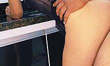 Blonde wife enjoys oral in kitchen with couple