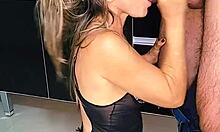 Blonde wife enjoys oral in kitchen with couple