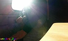 very spontaneous quick gay jerk off and big cumshot on a driving train