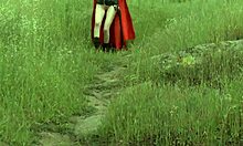 Blonde In Cosplay Costume Masturbates Naked On Grass With Monster Toys