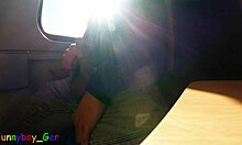 very spontaneous quick gay jerk off and big cumshot on a driving train