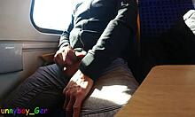 very spontaneous quick gay jerk off and big cumshot on a driving train