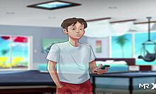 In Summertime Saga, she gives a STRESS RELIEF HANDJOB in episode 4 scene 75