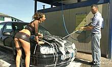 pretty french babe flashing ass in public carwash