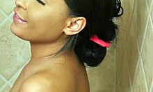 tiny brunette gets wet in hot shower