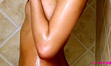 tiny brunette gets wet in hot shower