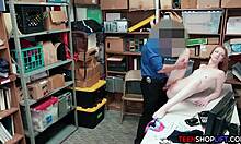 redhead teen shoplifter caught by mall cop, sucking his big cock