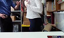 redhead teen shoplifter caught by mall cop, sucking his big cock