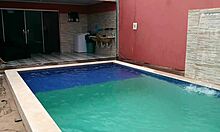 Passionate Encounter with Pregnant Latina in Pool, Feeling Intense Pleasure