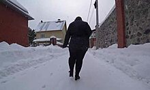 hey, wanna see this big ass under a short dress? curvy milf in pantyhose struts on snowy public street while voyeurs stare at her fetish pawg body